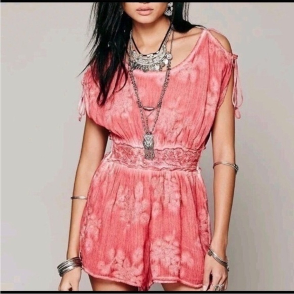 Free People Julia Tie Dye Cold Shoulder Embroidered Shorts Romper XSmall